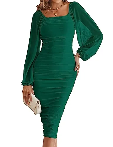 MEROKEETY Women's Long Puff Sleeve Ruched Bodycon Dress Square Neck Mesh Cocktail Party Midi Dresses,DarkGreen,M