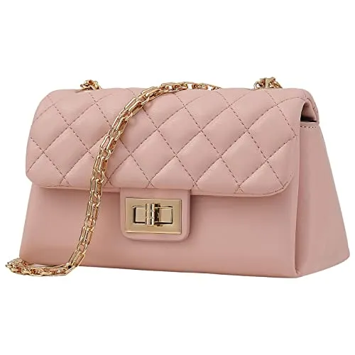 Crossbody Bags for Women Small Quilted Faux Leather Cute Cross Body Bag Purses for Women Designer Shoulder Bag Trendy Women's Crossbody Handbags Fashion Light Weight Chain Strap Purse Pink