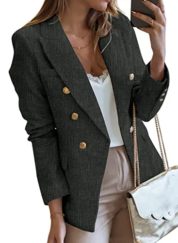 Happy Sailed Fashion Double Breasted Tweed Blazers for Women 2023 Slim Fitted Professional Lapel Collar Office Blazer Jackets Fall Long Sleeve Open Front Business Suits for Work Black Medium