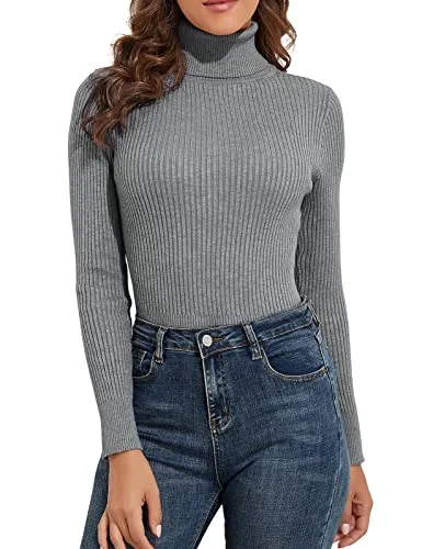 PrettyGuide Women's Ribbed Turtleneck Long Sleeve Sweater Gray S