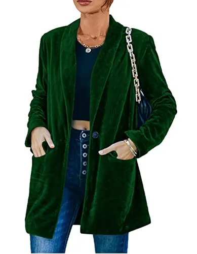 MIRACMODA Women Velvet Blazer Jacket Open Front Relaxed fit Work Office Blazers Outerwear with Pockets Green