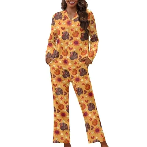 Biyejit Fall Pajamas Set for Women Pumpkin Turkey Print Long Sleeve Sleepwear Button Down Tops with Pants with Pockets Casual Loungewear Sets Thanksgiving Holiday Nightgown
