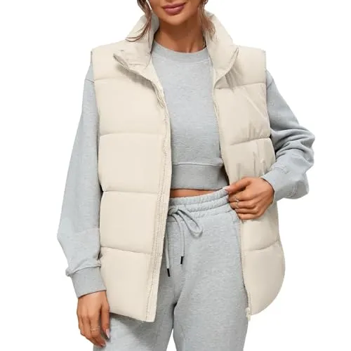 Zando Womens Puffer Vest Zip Up Stand Collar Sleeveless Padded Gilet Jacket Coat Warm Winter Outerwear Black Vests Fashion Casual Oversized Brown Puffy Vest with Pocket Beige X-Large