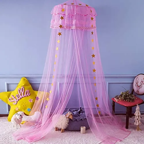 Twinkle Star Kids Netting Princess Bed Canopy 3 Layers Lace Ruffle Dome for Baby, Girls (Pink)