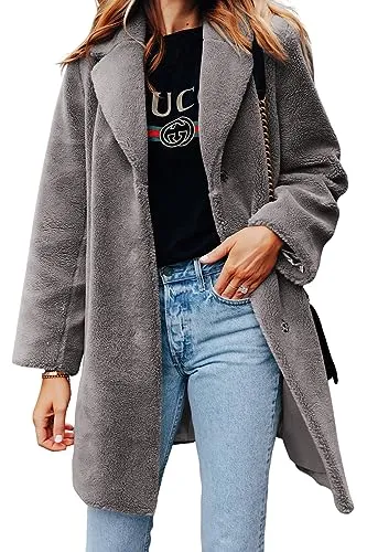Danedvi Womens Fuzzy Fleece Lapel Collar Long Sleeve Coat Faux Fur Warm Winter Outwear Jackets