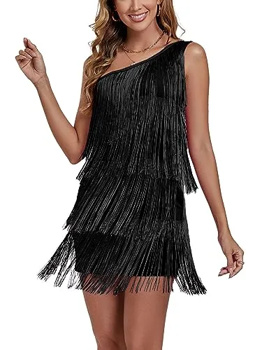 OPOIPIN Women's Sexy One Shoulder Tiered Layer Fringe Sleeveless Party Club Bodycon Mini Dress Black Medium