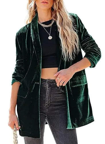 Happy Sailed Women Velvet Blazer Jackets Casual Long Sleeve Lapel Collar Pocketed Blazer Suits Work Outfits Green Small