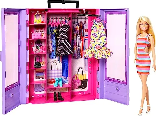 Barbie Fashionistas Doll & Playset, Ultimate Closet with Barbie Clothes (3 Outfits) & Fashion Accessories Including 6 Hangers