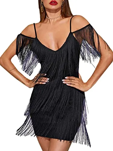 Verdusa Women's Layered Fringe Cold Shoulder Sleeveless Mini Cami Bodycon Dress Black M