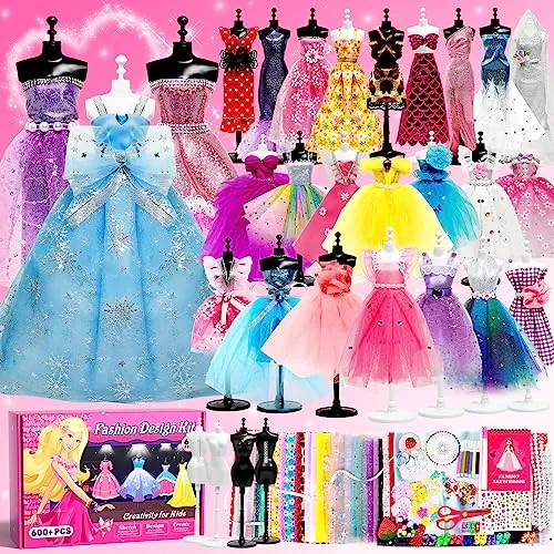 Axirata 600+PCS Fashion Design Kit for Girls Creativity DIY Arts & Crafts Kit for Kids with 4 Mannequins, Fashion Designer Sketchbook, Sewing Kit for Teen Girls Christmas Gift Age 6 7 8 9 10 11 12+