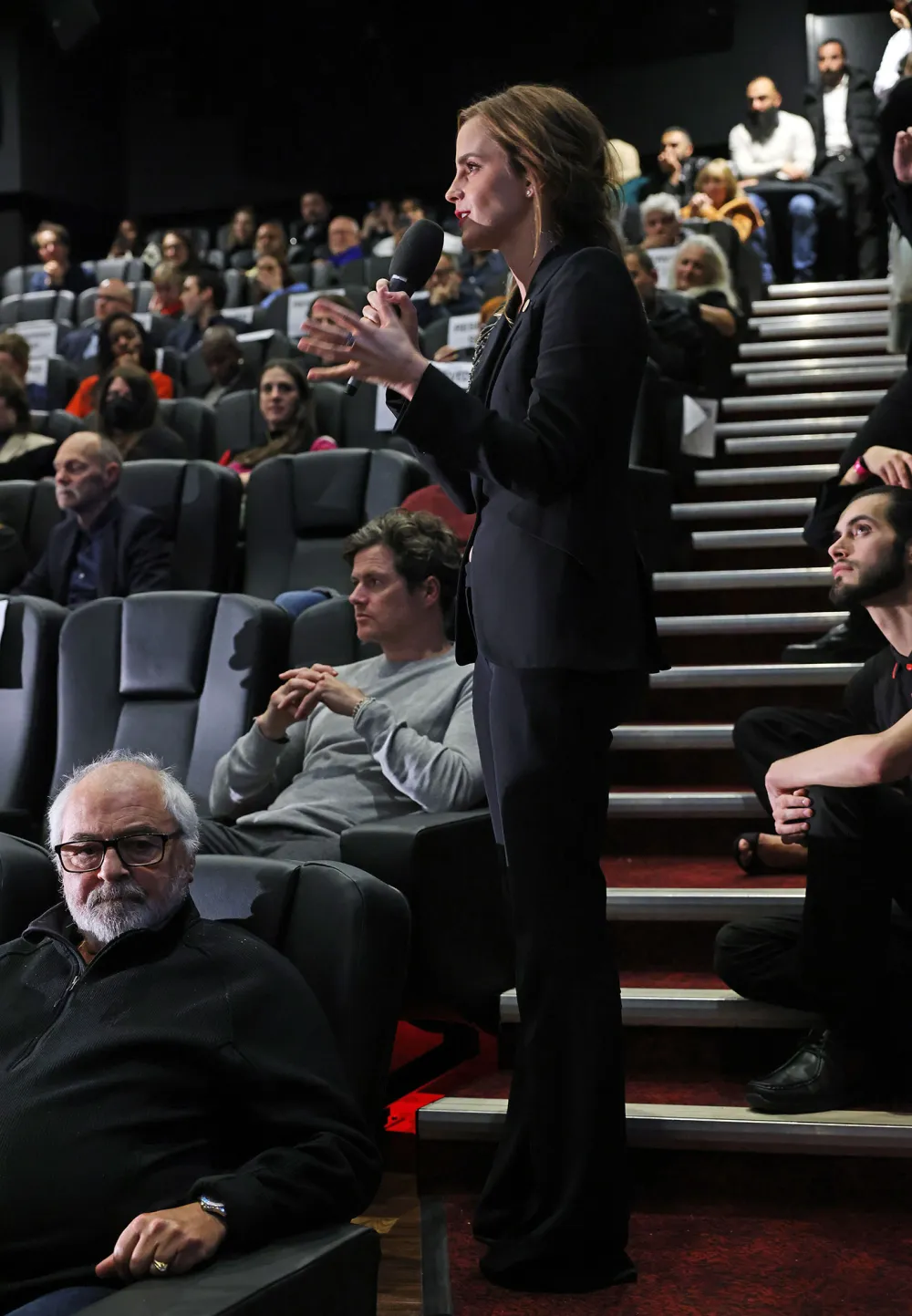 Emma Watson Pairs Cut Out Bralette With Tailored Pantsuit to We Dare to Dream Premiere