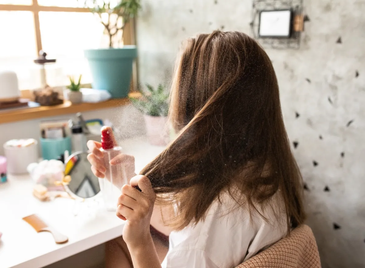 Woman spraying product on her hair