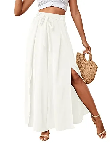 LYANER Women's Tie Front High Waist Side Split Slit Flowy Wide Leg Pleated Pant with Belt White Medium