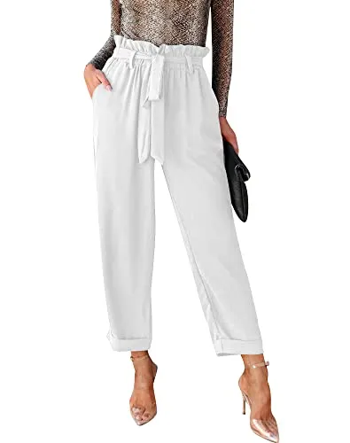 Sunborui Women's Casual High Waist Bow Knot Tie Paper Bag Pants with Pockets Loose for Work (White,Medium)