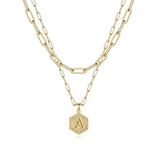 M MOOHAM Dainty Gold Initial Necklaces for Women Trendy - Teen Girl Necklaces for Women Gold Necklace Hexagon Letter Initial A Necklace Layered Choker Necklaces Gifts for Women Teen Girls Jewelry