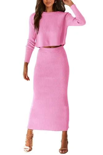 PRETTYGARDEN Women's Winter 2 Piece Sweater Set Rib Knit Long Sleeve Crop Top Maxi Bodycon Skirt Casual Outfits Dress (Pink,X-Large)