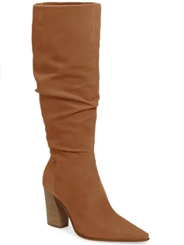 PiePieBuy Womens Faux Suede Knee High Boots Wide Calf Pointed Toe High Chunky Heel Side Zipper Booties,Brown, Size 5