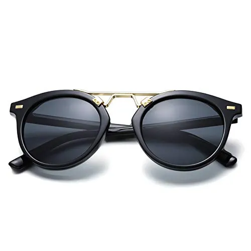 LEMON GRASS Womens Sunglasses Vintage Retro Round Mirrored Lens Horned Rim Sunglasses (BLACK, BLACK)
