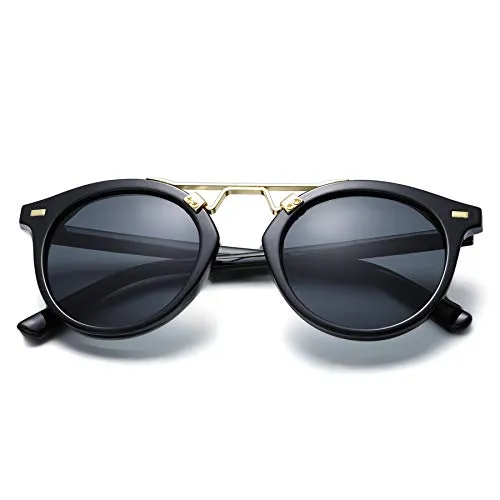 LEMON GRASS Womens Sunglasses Vintage Retro Round Mirrored Lens Horned Rim Sunglasses (BLACK, BLACK)