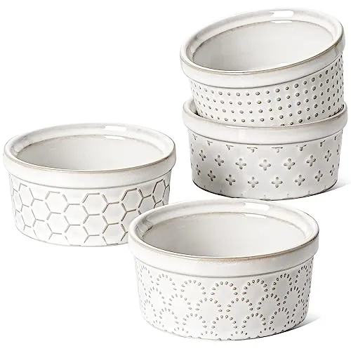 LE TAUCI Ramekins 4 oz, Ramekin Oven Safe, Ramiken for Creme Brulee, Lava Cakes, Pudding, Custard Cups, Souffle, Pot Pie, Small Sauce Bowl,Ceramic Baking Dishes- 3.8 inch, Set of 4, Arctic White