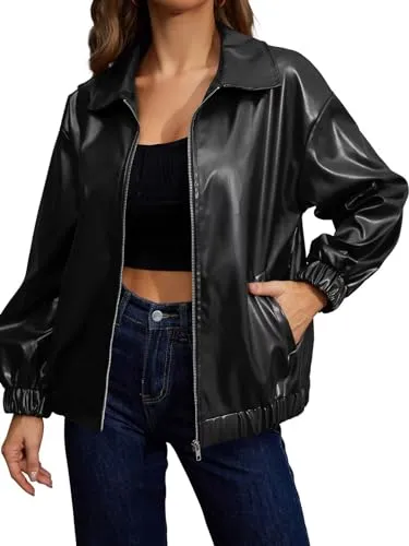 PITINAN Leather Bomber Jacket Women Black Leather Jacket Womens Oversized Faux Leather Jackets Casual Zip Up Trendy Motorcycle Jacket Biker Jacket Women with Pockets 2024 Black M