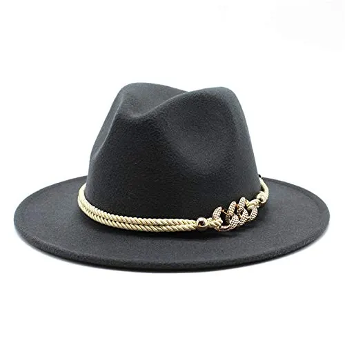 Gossifan Lady Fashion Wide Brim Felt Fedora Panama Hat with Ring Belt Dark Grey