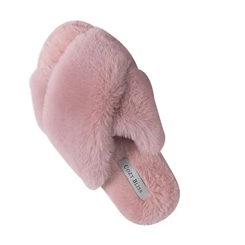 Cozy Bliss Women's Faux Fur Slippers Cross Band Open Toe Breathable Fuzzy Fluffy House Slippers Memory Foam Anti-Skid Sole Indoor Outdoor Slippers (Pink, 7-8)