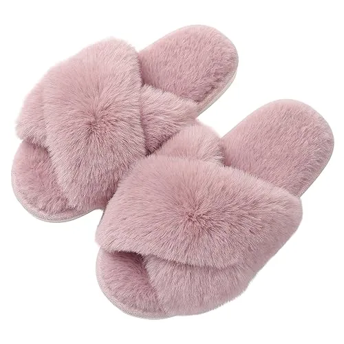 Evshine Women's Fuzzy Slippers Cross Band Memory Foam House Slippers Open Toe, Dusty Pink, Size 7-8