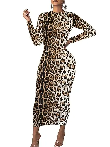 Women's Long Sleeve Bodycon Dress - Maxi Casual Fall Leopard Print Club Party Long Tight Pencil Dresses Brown M