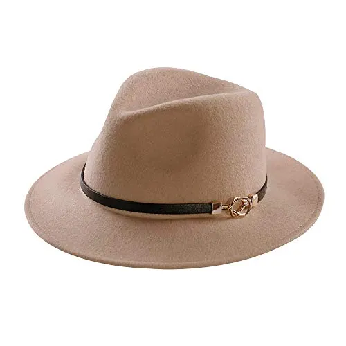 Womens Fedora Hats 100% Wool Wide Brim Felt Panama Sun Hat Vintage Trilby Cap with Buckle