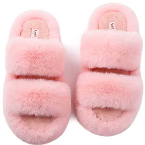 FamilyFairy Women's Fluffy Faux Fur Slippers Comfy Open Toe Two Band Slides with Fleece Lining and Rubber Sole (Middle / 7-8, Pink)