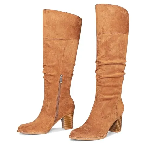MeiLuSi Fall Boots for Women 2023, Brown Tall Suede Boots,Wide Calf Knee High Boots, Tan Slouchy Boots Long Christmas Shoes Chunky Heel Zipper Size 7