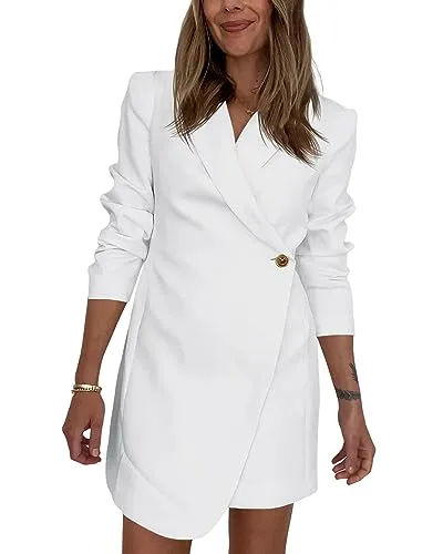 Cicy Bell Women's Casual Fashion Blazer Dress Long Sleeve Wrap Asymmetric Work Office Long Blazers White