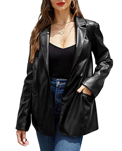 RISISSIDA Women Faux Leather Blazer Jacket Vegan Pleather Coat Black 21002 S