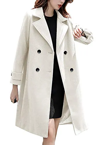chouyatou Women's Essential Elegant Wear Double Breasted Mid Long Wool Pea Coat (Medium, Off White)