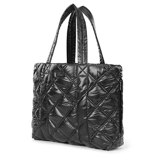 P.travel Puffer Tote Bag, Large Trendy Luxury Chic Quilted Cotton Padded Designer 14 inch Laptop Handbags for Women, Winter Soft Puffer Shoulder Bag(black