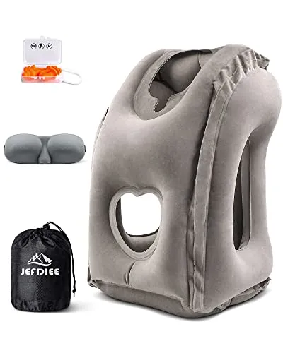 JefDiee Inflatable Travel Pillow, Airplane Neck Pillow Comfortably Supports Head and Chin for Airplanes, Trains, Cars Office Napping with 3D Eye Mask, Earplugs Portable Drawstring Bag (Grey)