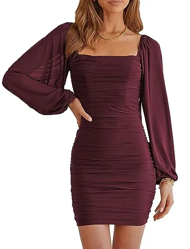 MASCOMODA Women Elegant Square Neck Lantern Long Sleeve Mini Ruched Bodycon Dress Stretch Mesh Slim Party Cocktail Dresses(Medium,Wine Red)