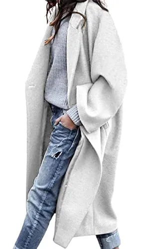 CHARTOU Women's Oversized Notched Collar Wool Blend Single Breast Midi Long Trench Coat (XX-Large, White)