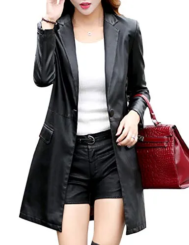 Tanming Womens PU Faux Leather Jacket Casual Lapel Long Suit Trench Coat Outerwear (Black-M)