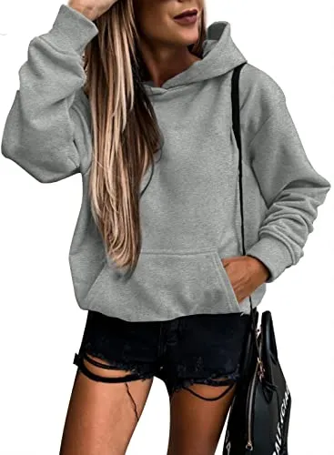 SHEWIN Womens Hoodie Pullover Long Sleeve Solid Fleece Fashion Hoodies Sweatshirts Cozy Lightweight Fall Oversized Sweatshirt for Teen Girls,US 16-18(XL),Grey