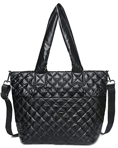 Hsitandy Quilted Tote Bag for Women, Small Nylon Waterproof Tote Crossbody Bags Quilted, Lightweight Soft Handbag with Zipper(Black Small)