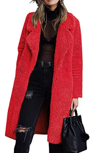 Angashion Women's Fuzzy Fleece Lapel Open Front Long Cardigan Coat Faux Fur Warm Winter Outwear Jackets Red S