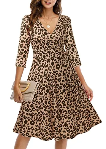 CHARMYI Wrap Dress for Women Casual V Neck Floral Party Swing A-Line Faux Wrap Dresses Midi Plain Tunic Printed Cute Simple Ruched Knee Length 3/4 Sleeve Fall Work Wedding Guest Apricot Leopard F08 L