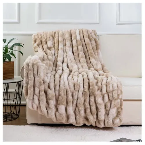 BATTILO HOME Ruched Luxurious Soft Beige Faux Fur Throw Blanket Fuzzy Plush Elegant with Reversible Mink Blanket for Sofa,Chair, Couch, Living Room, Replica Luxury Handbag Decorative Blanket Tie dye (Beige, 50"x60")