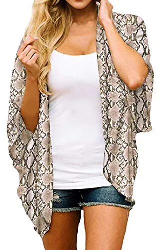 FINOCEANS Womens Chiffon Kimono Cardigans Loose Beach Cover Up Snake Small