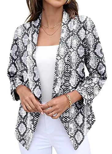 GRECERELLE Women's Blazer Suit Open Front Cardigan 3/4 Sleeve Fitted Jacket Casual Office Cropped Blazer Snakeskin White-6