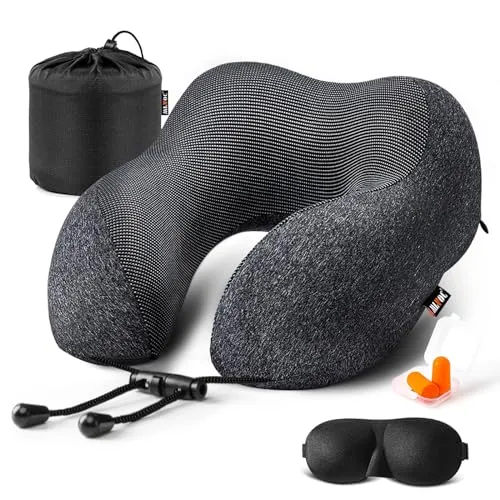 MLVOC Travel Pillow 100% Pure Memory Foam Neck Pillow, Comfortable & Breathable Cover, Machine Washable, Airplane Travel Kit with 3D Contoured Eye Masks, Earplugs, and Luxury Bag, Standard (Black)