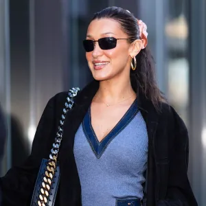 Bella Hadid Perfectly Pairs a Massive Scrunchie With Blue Outfit