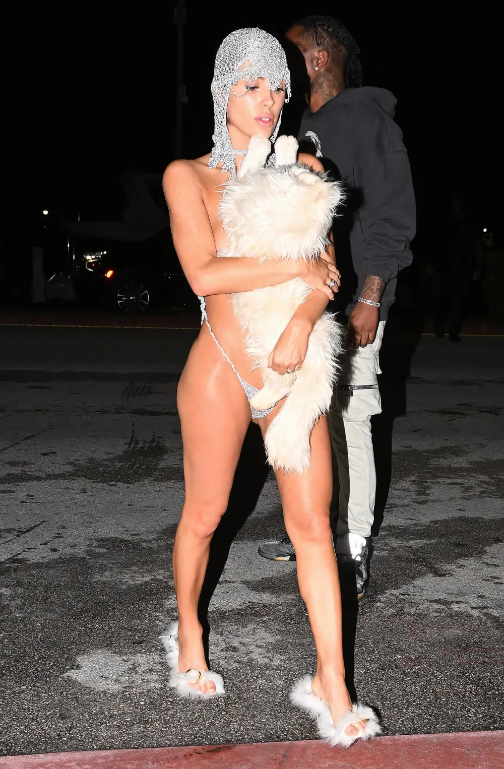 Bianca Censori Covers Up Silver String Set With Stuffed Cat While Out With Husband Kanye West